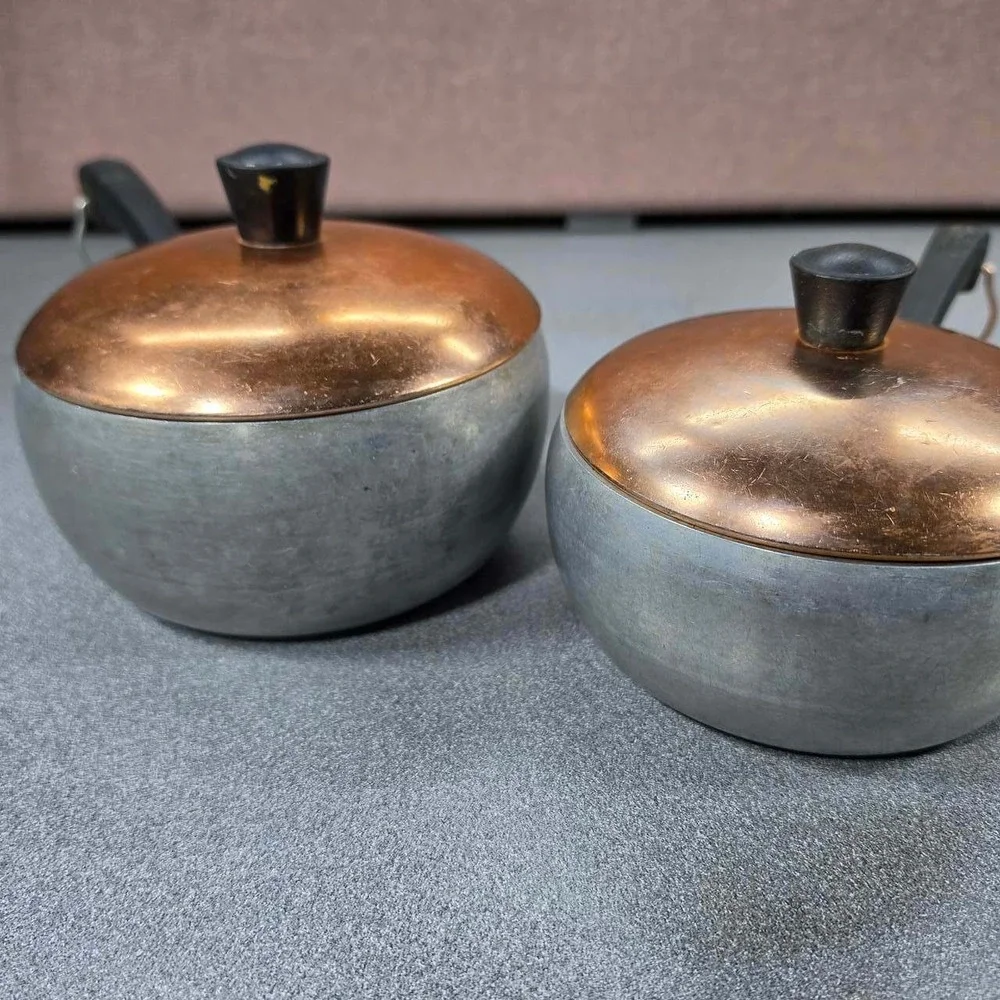 Wear-Ever Hallite Saucepan Set 2pc Silver Copper MCM Aluminum Good Vtg USA